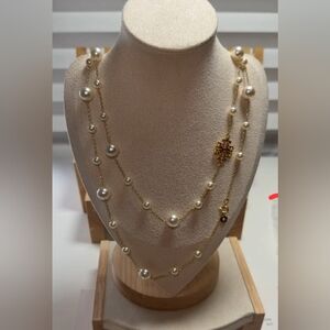 Tory Burch 24 Inch Gold and Pearl Layered Necklace